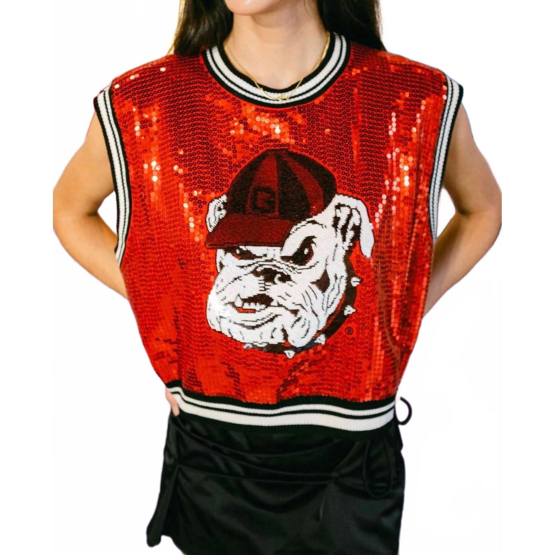 New Queen Of Sparkles Full Sequin Sweater Tank With Bulldog Head In Red